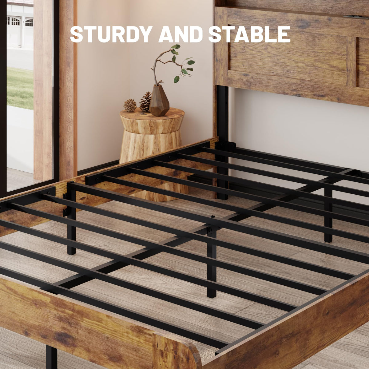 madeslves Wooden Bed Frame Queen Size with Storage Headboard, Brown
