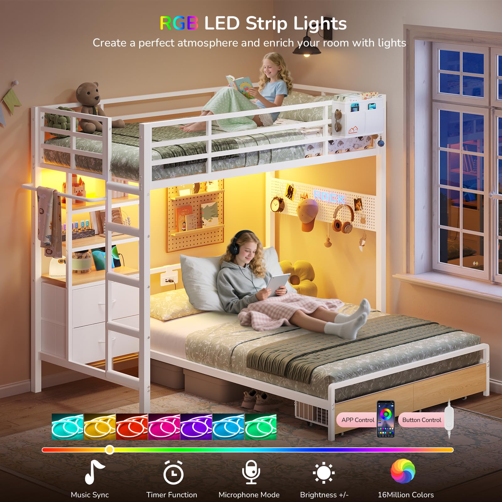 Twin Over Full Bunk Bed with Storage Drawers, Bookshelf & LED Lights