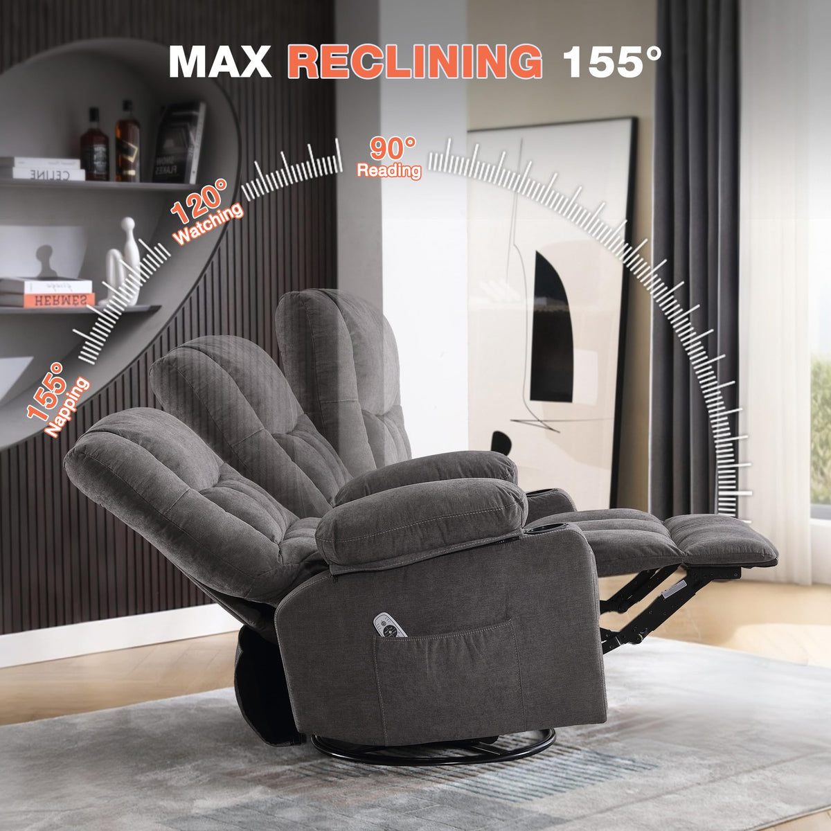 Manual Swivel Rocking Recliner Chair with 8-Zone Massage & Lumbar Heat