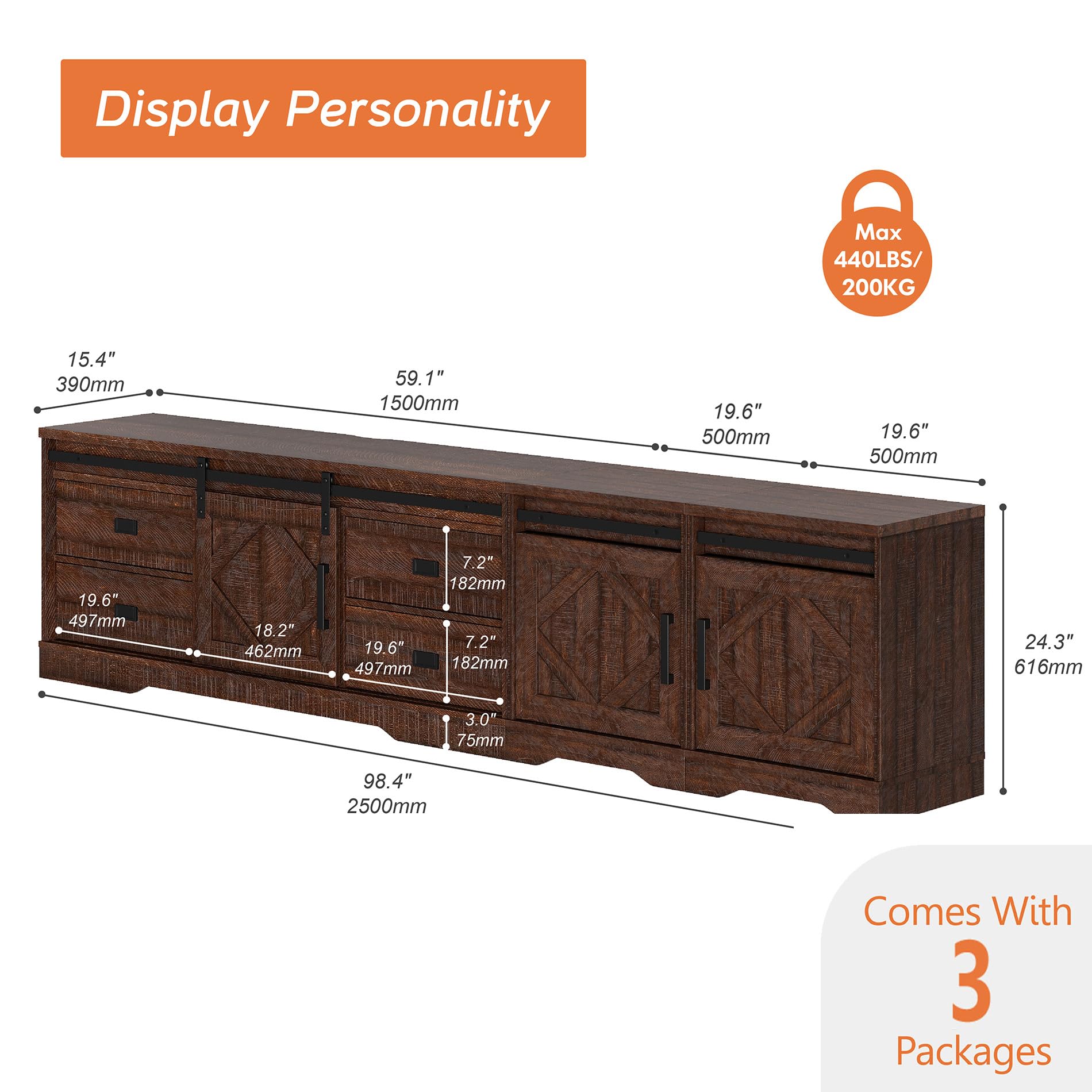 WAMPAT 98" Wide Farmhouse TV Stand for up to 110" TV, 3-in-1 Rustic Wood Entertainment Center with Drawers and Cube Cabinets for Living Room, Faux Bark Finish, Rustic Brown