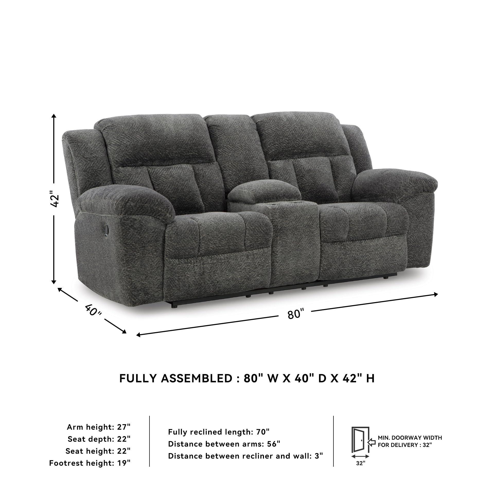 Signature Design by Ashley Frohn Contemporary Manual Reclining Loveseat with Console with Console, Storage and Cup Holders, Gray