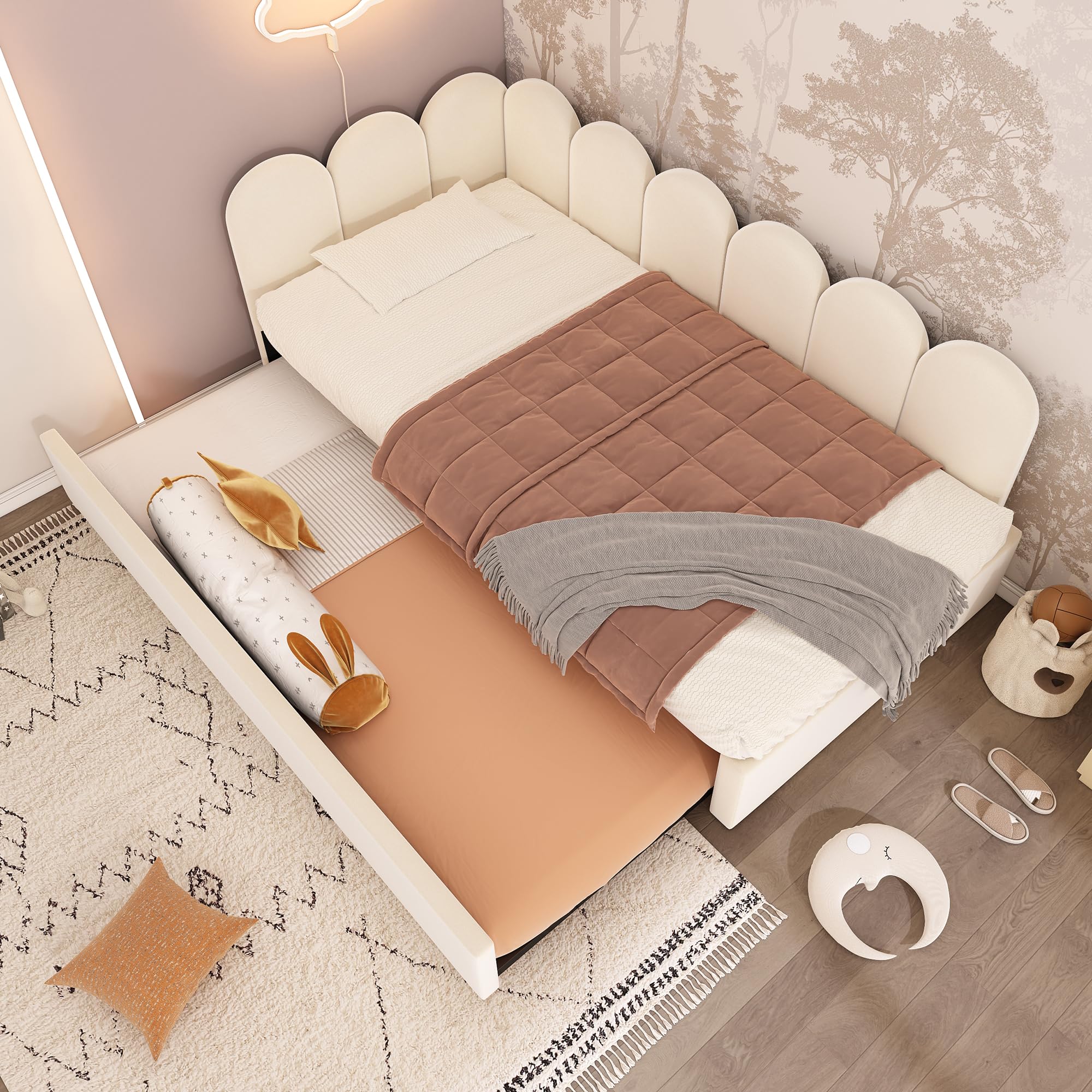 Ball & Cast Twin Size Daybed with Pull Out Trundle,Upholstered Platform Bed for Adults & Kids,Floor Sofa Daybed W/Metal Slat Support,Bedroom Furniture for Apartment,Guest Room,Living Room,Velvet,Beige
