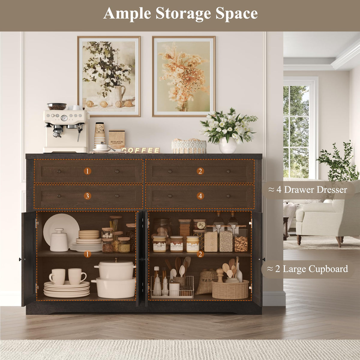 HOSTACK 55"W Kitchen Buffet Sideboard Cabinet with 4 Storage Drawer, Brown