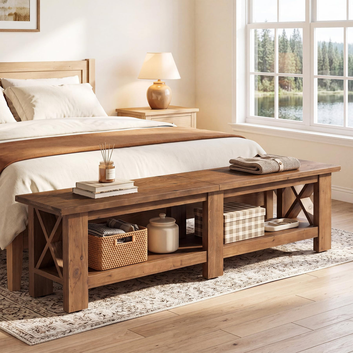 TRIBEWOOD 70.87" Solid Wood Entryway Shoe Bench, Extra Long Storage Bench