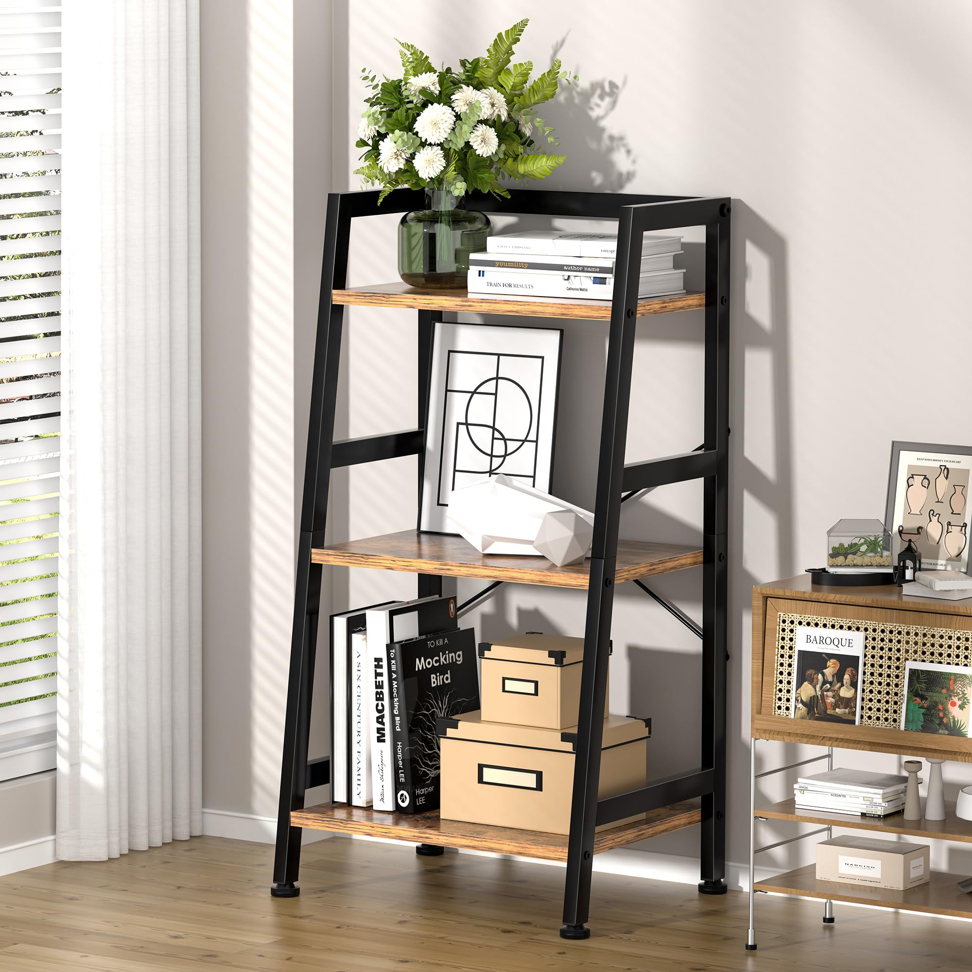 3-Tier Bookshelf, Ladder Shelf, Industrial Bookcase with Steel Frame, Metal Small Bookcase, stand up shelves for Living Room, Home Office, Kitchen, Bedroom, Industrial Style（Rustic Brown & Black）