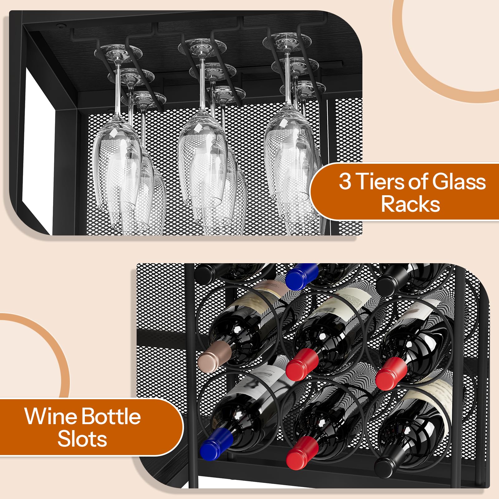 HOOBRO Home Bar Unit, L-Shaped Bar Table with Glasses Holder, and 4-Tier Shelves, Corner Mini Coffee Liquor Cabinet with Footrest,with LED Light APP Control for Home, Kitchen, Pub, Black BK129DBT01