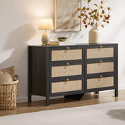 6-Drawer Boho Rattan Dresser – 51" Wide, Black Oak