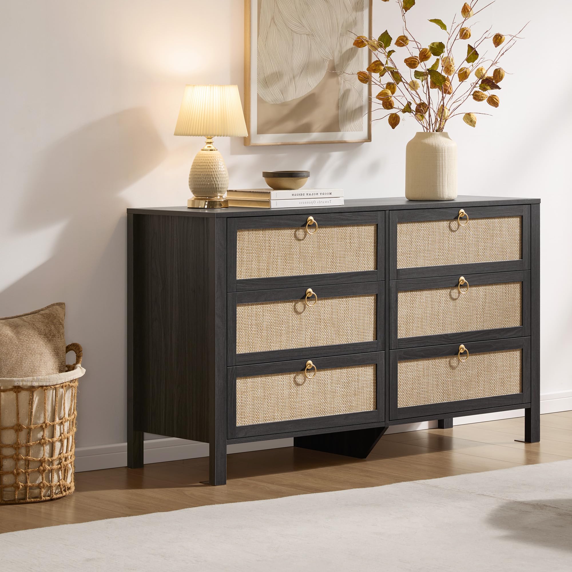 SICOTAS 6 Drawer Dresser for Bedroom - 51" Wide Rattan Dressers Chest of Drawers for Closet, Larger Storage Cabinet Farmhouse Boho Dresser TV Stand for Living Dining Room, Hallway, Black