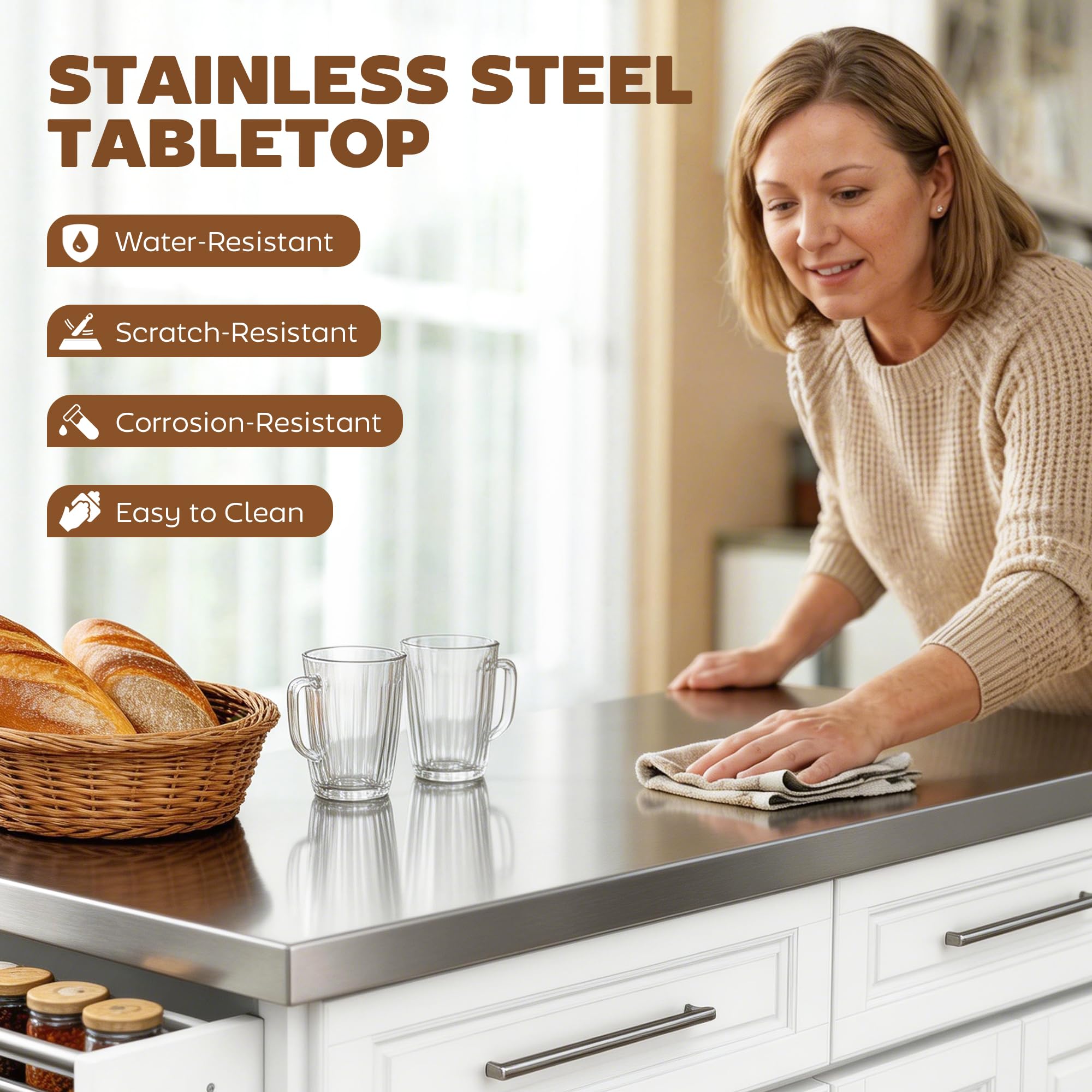 Rolling Kitchen Island Cart with Stainless Steel Top