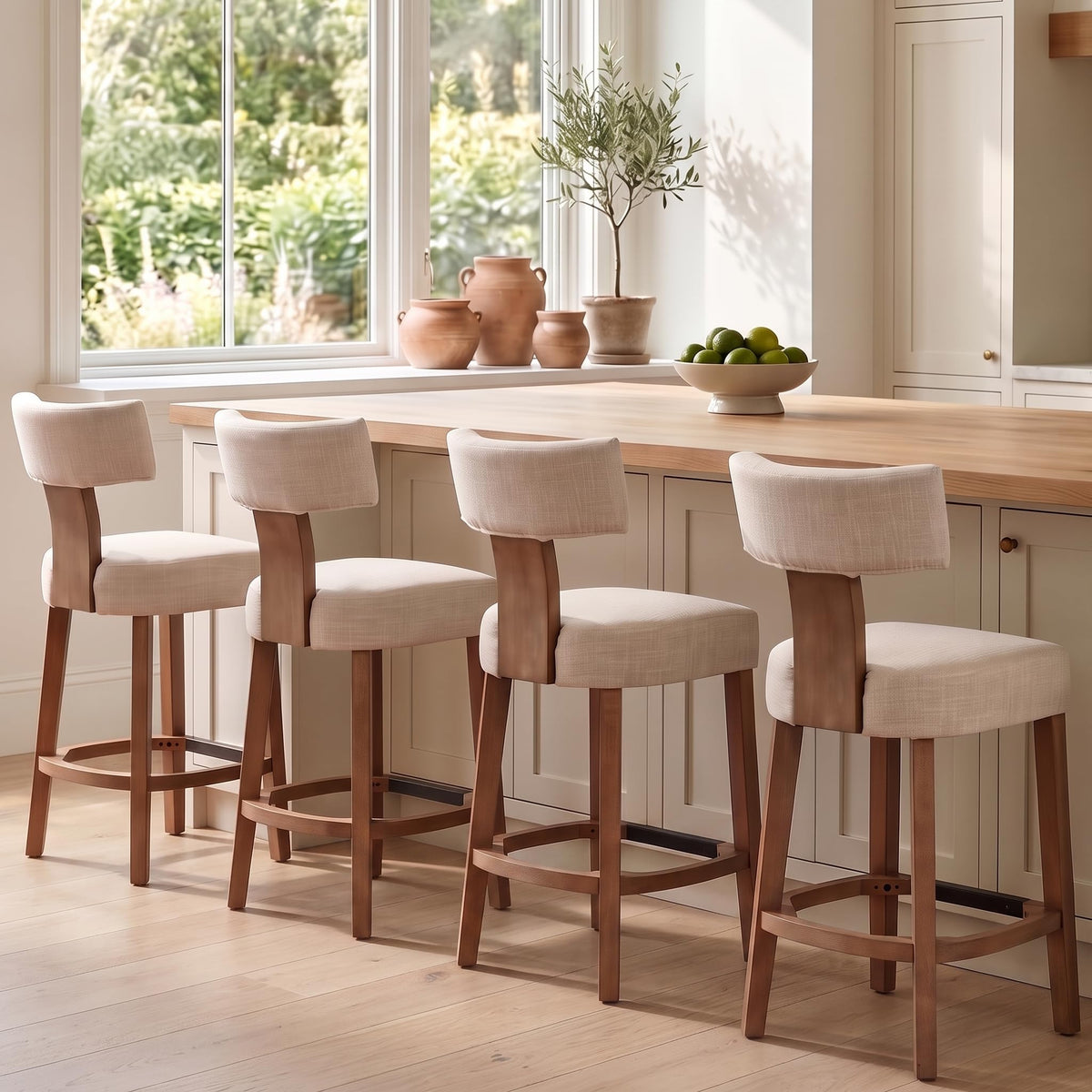 RIVOVA 26” Bar Stools Set of 4 Counter Height Bar Stool, Modern Kitchen Barstools with Back and Wood Legs, Farmhouse Upholstered Island Stools Countertop Bar Chairs, Beige