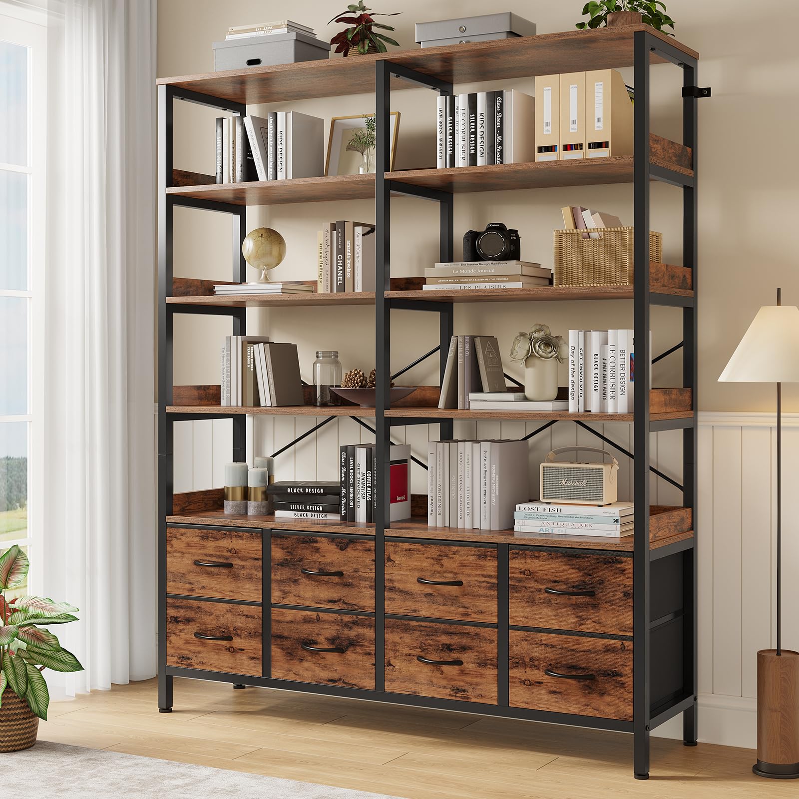 HAUOMS Bookshelf with 8 Fabric Drawers, 7-Tier Bookcase with Baffles Display Shelves, Industrial Large Book Shelf for Living Room Home Office, Rustic Brown