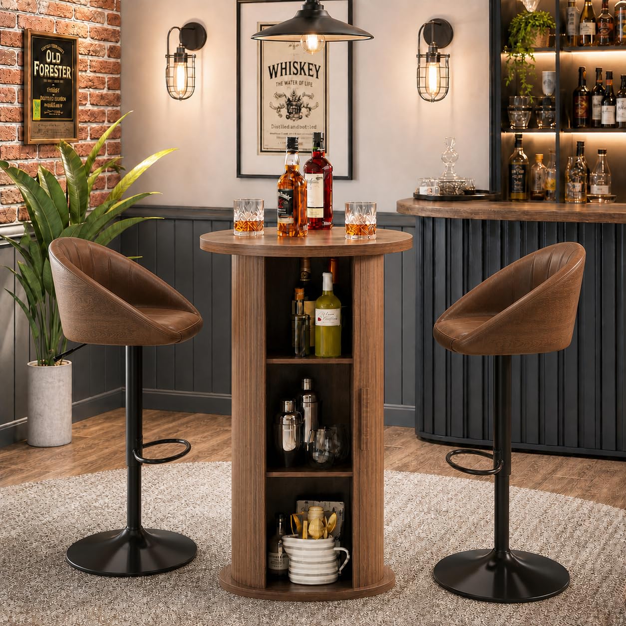ALWXIA Round Bar Table with 3-Tier Hidden Storage Shelves Slide Door, 36.4'' High Top Bistro Table Cocktail Table for Small Bars, Dining Room, Living Room (Walnut)