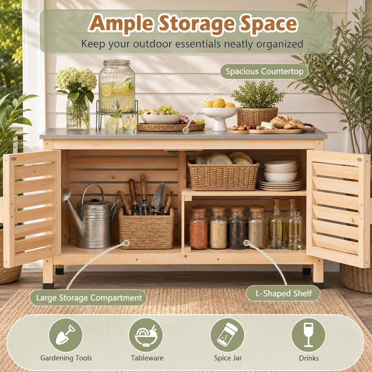 Goplus Patio Storage Cabinet, 2-Door Console Table (Natural)