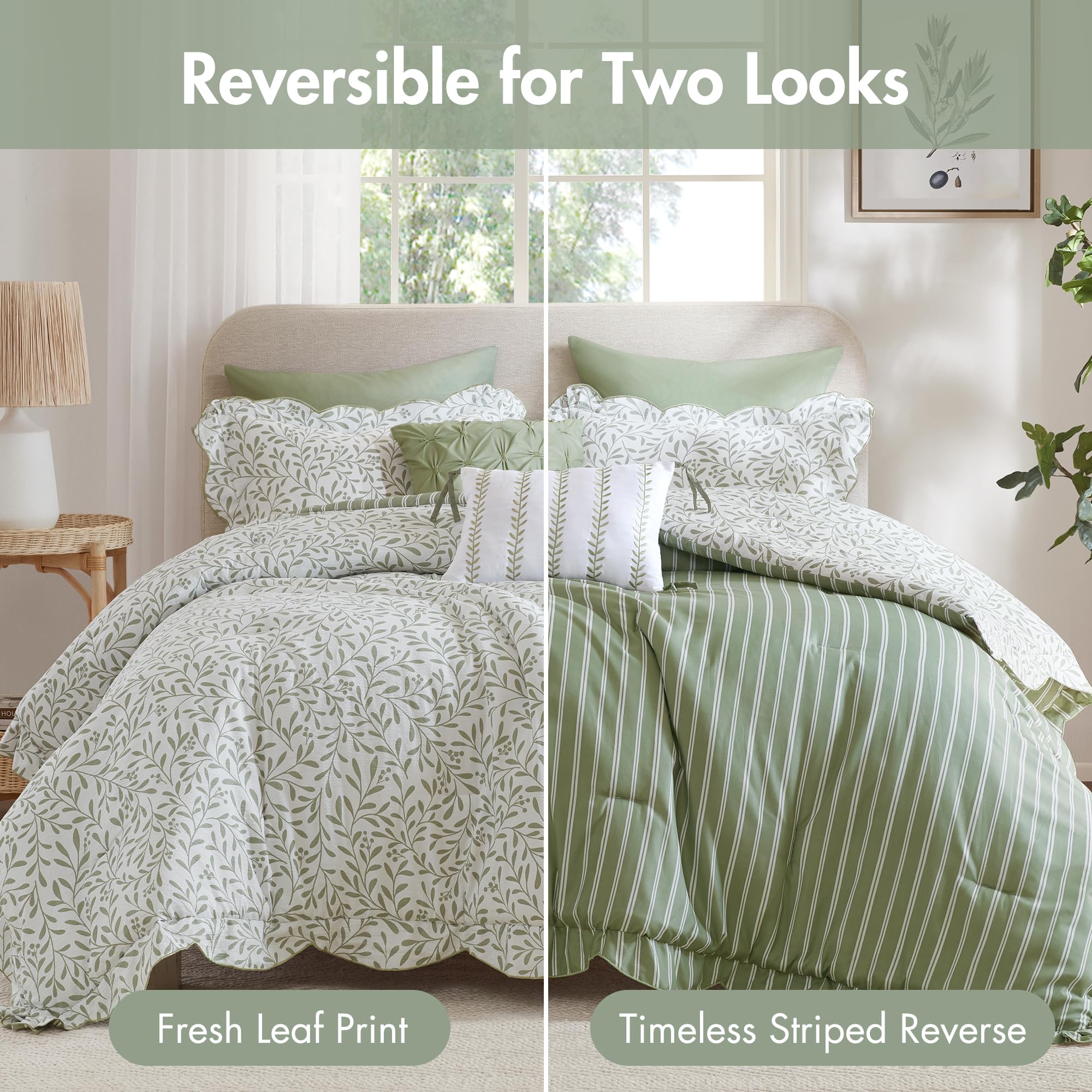 Madison Park 5-Piece Reversible Botanical Comforter Set - Summer Floral Print with Scalloped Edges, Lightweight Bedding with Decorative Pillows, Queen, Market Green