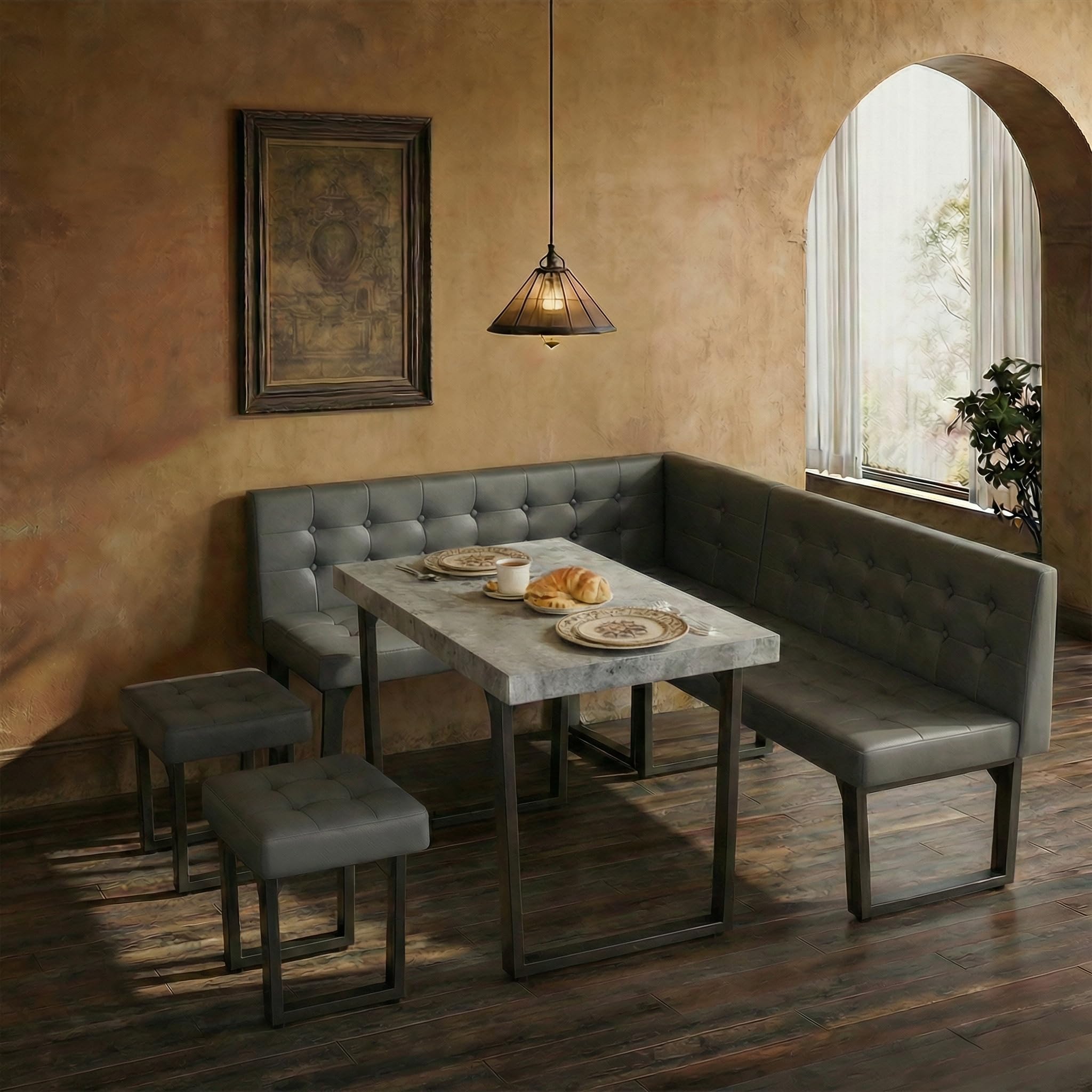 Brafab Corner Dining Table Set, 72 Inch Breakfast Nook Table Set with Upholstered Banquette, 5-Piece Corner Bench Dining Table Set, Luxury Grey