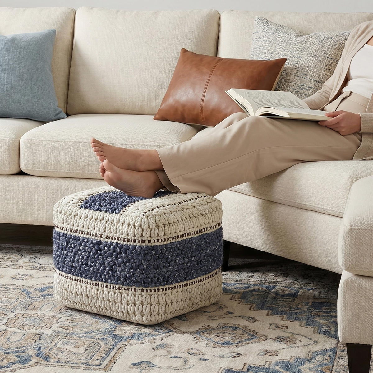 SIMPLIHOME Grady 18" Wide Square Pouf in Blue/Natural Wool and Cotton