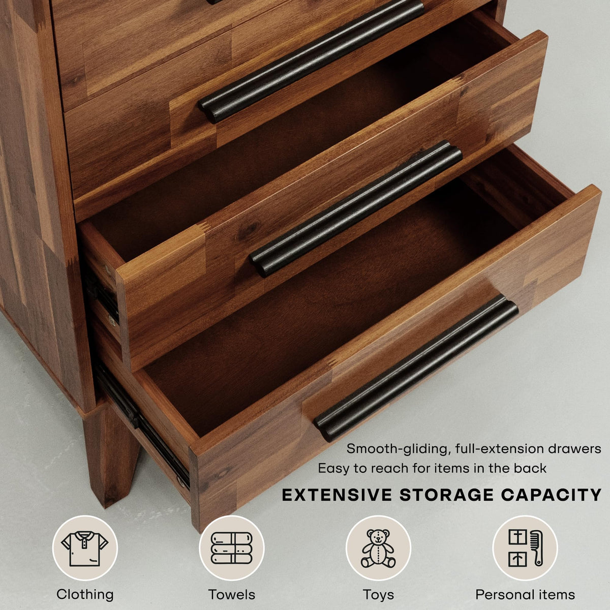 Acacia Linea 26" 5-Drawer Solid Wood Dresser, Chest of Drawers, Walnut