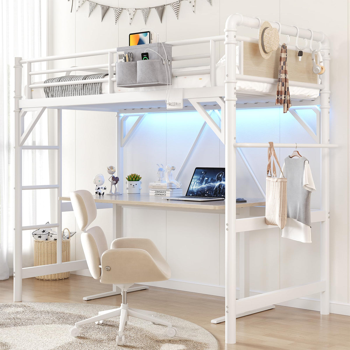 Twin Loft Bed with LED Lights & Charging Station