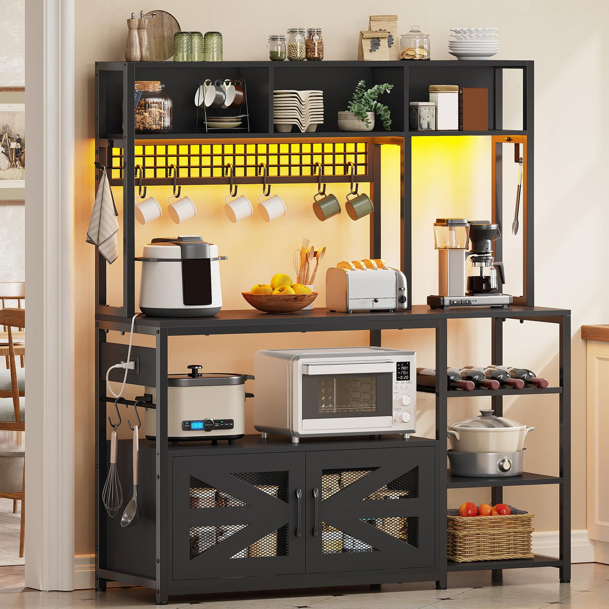 Itaar 47.2 Inch Bakers Rack with Power Outlet, Microwave Stand with Storage, Farmhouse Coffee Bar Cabinet Station with Wine Rack, Iron Mesh and 8-S Hooks (Black)