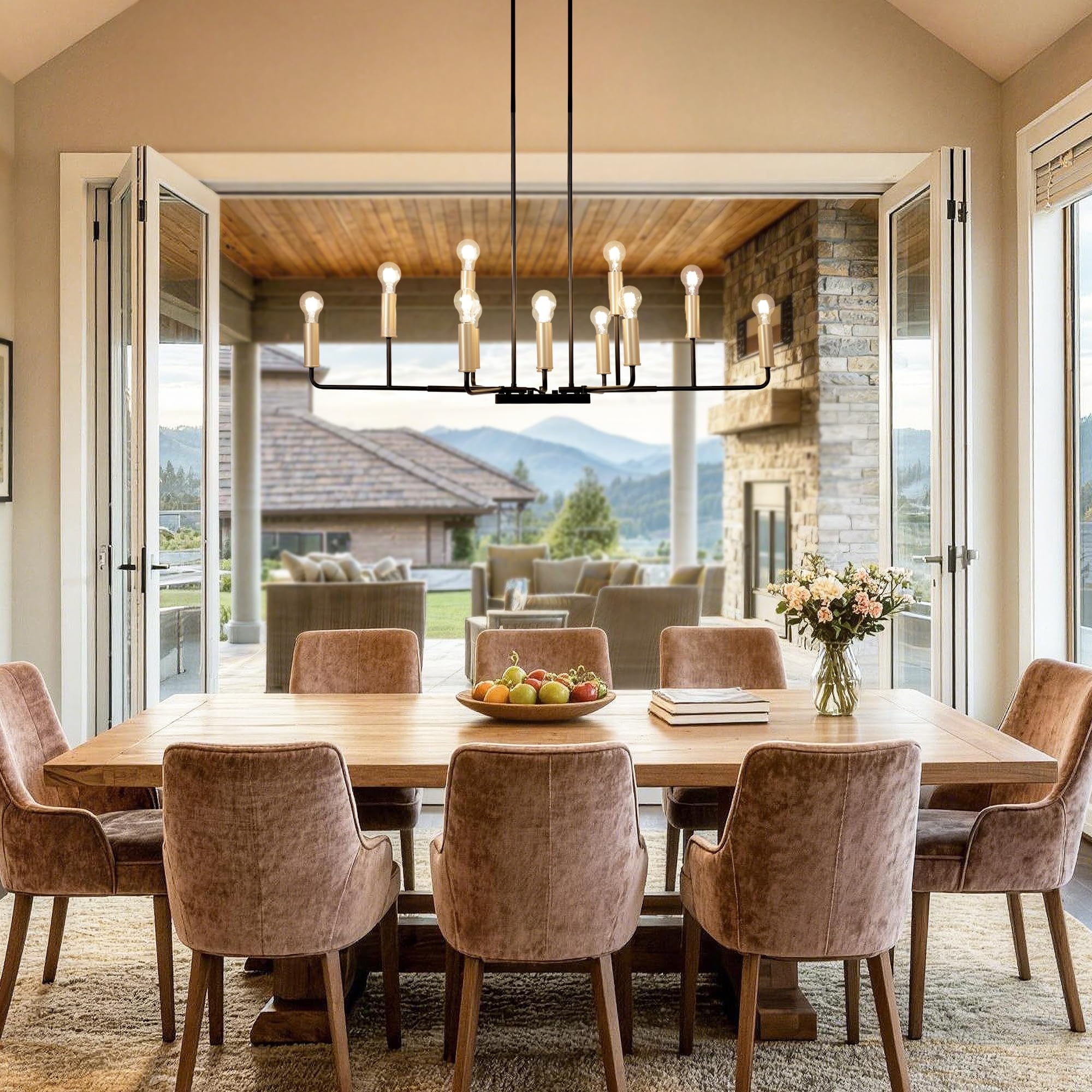 KSANA 48" Large Black and Gold Chandelier, Modern 12-Light Linear Chandeliers Dining Room Light Fixtures Industrial Kitchen Island Lighting Above Table