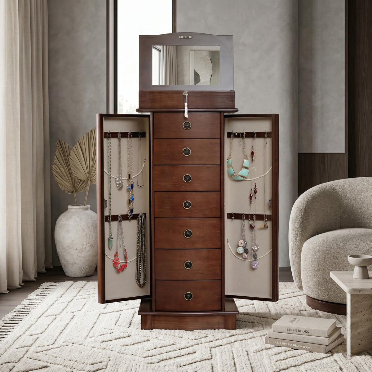 Walnut Jewelry Armoire with Mirror