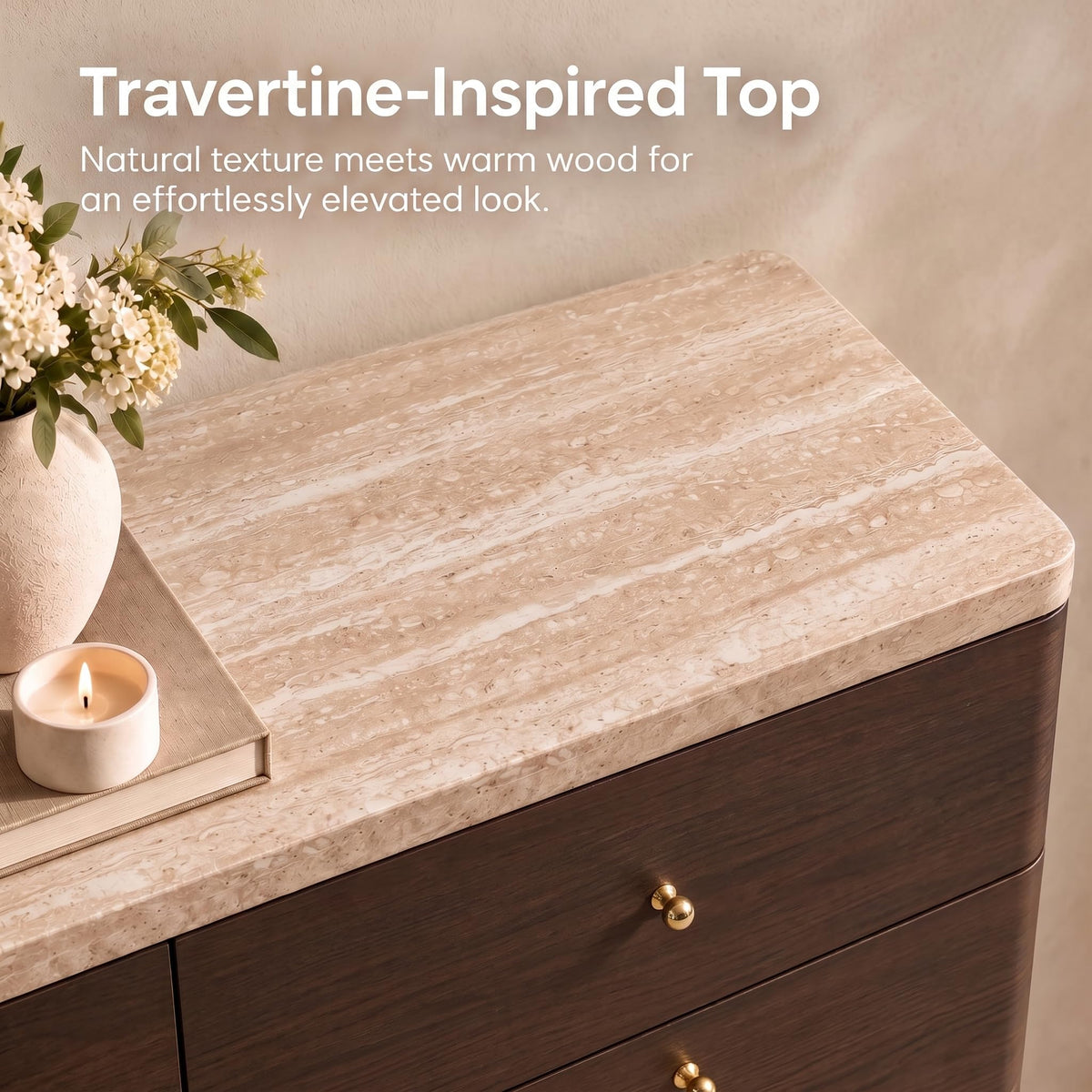 Brafab 47.5" Curved Chest of Drawers, 6 Drawer Dresser Travertine-Inspired