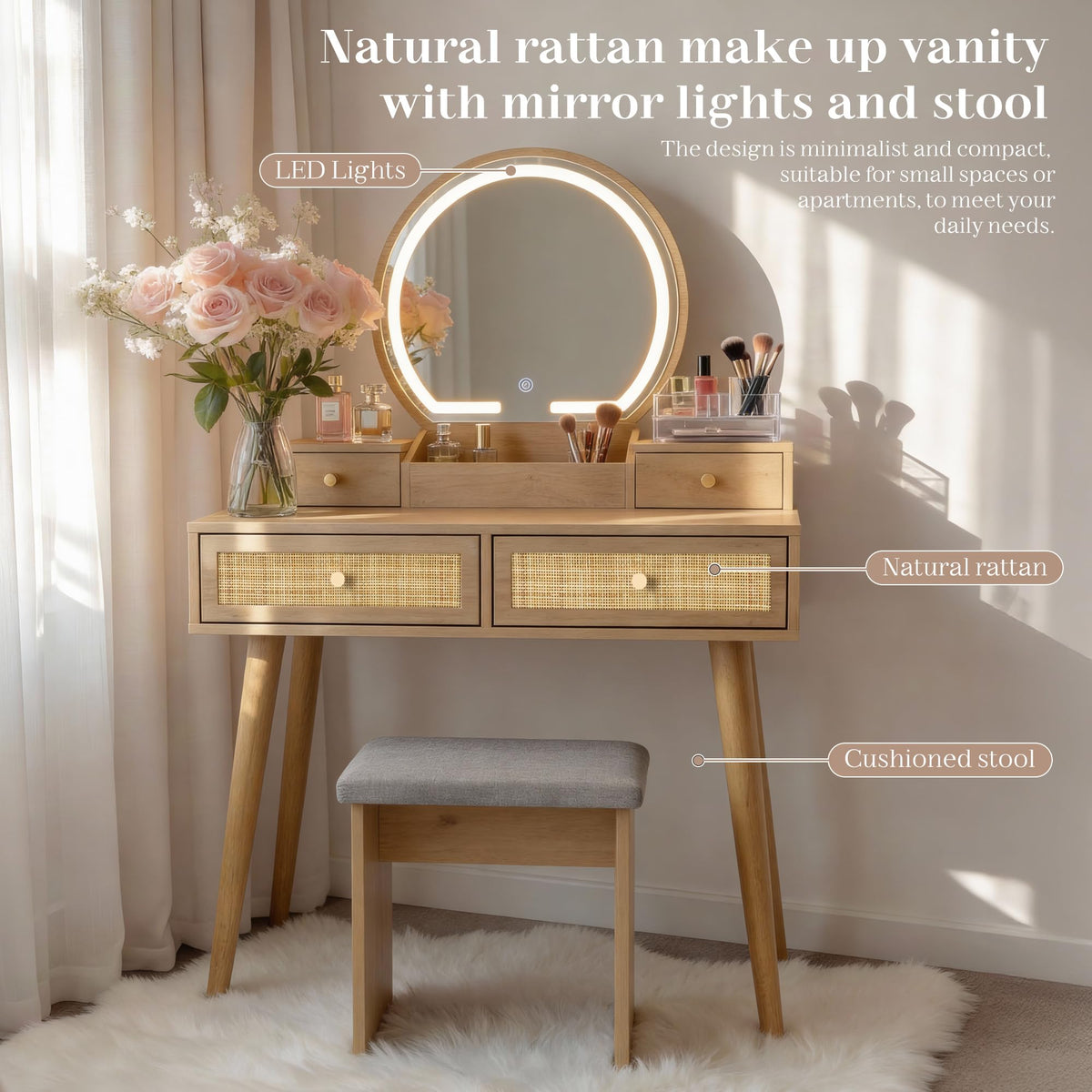 Rattan Vanity with LED Mirror