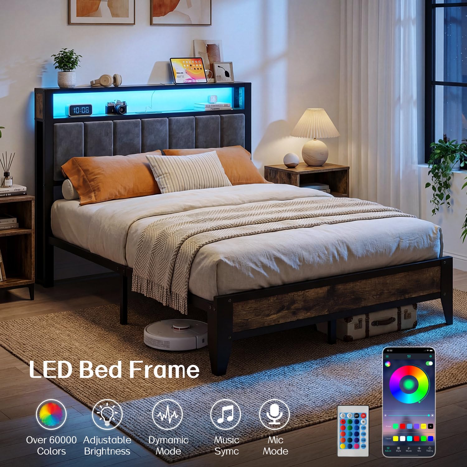 Metal Platform Bed Frame with LED Headboard & Charging Station