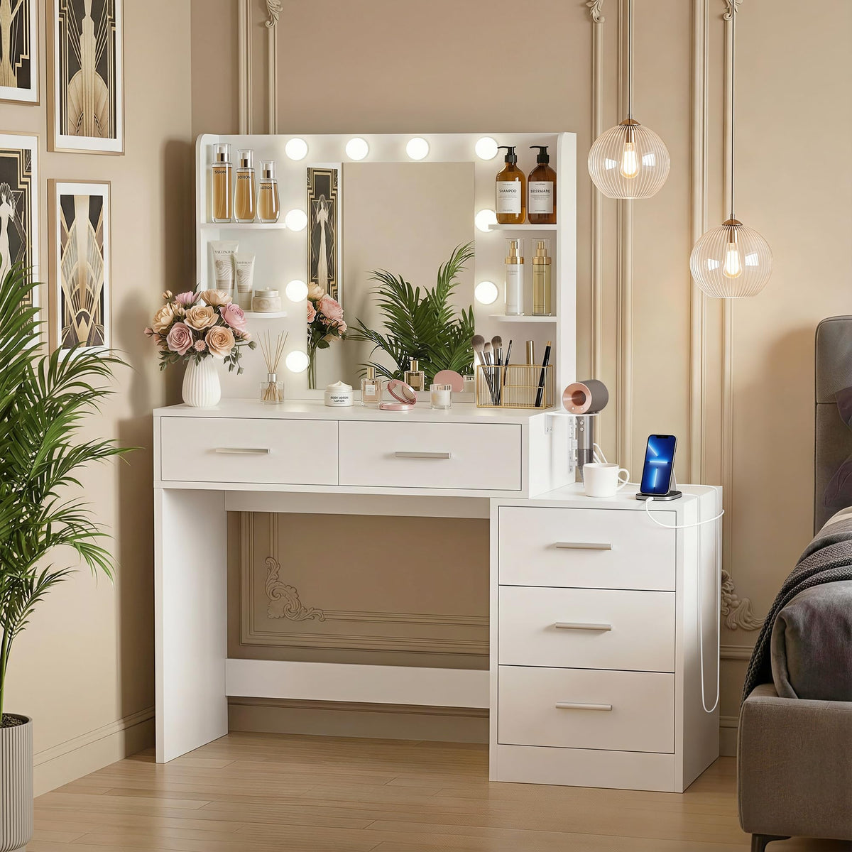 Lighted Makeup Vanity with Charging Station