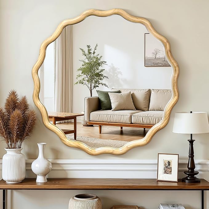 Round Wavy Wood-Framed Wall Mirror