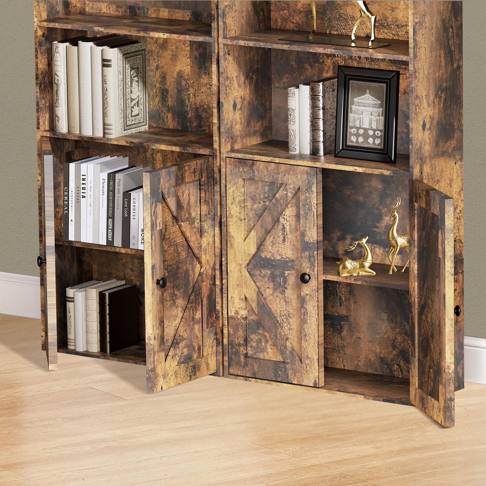 Shoueryaes Bookshelf, 6-Tier Floor Bookcase with 2 Bottom Doors, 9.29"x23.62"x70.86", Storage Cabinet Bookshelves for Home Office, Living Room, Bedroom-Brown