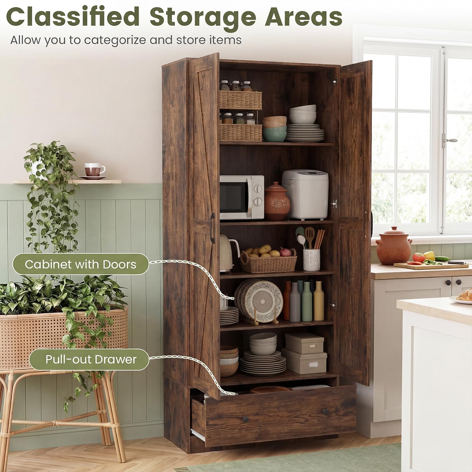 Giantex 72" Tall Kitchen Pantry Cabinet, Farmhouse Wooden Cupboard w/ 2 Doors, Drawer & Adjustable Shelves, Freestanding Versatile Storage Cabinet for Dining Room Living Room Bathroom (Rustic Brown)