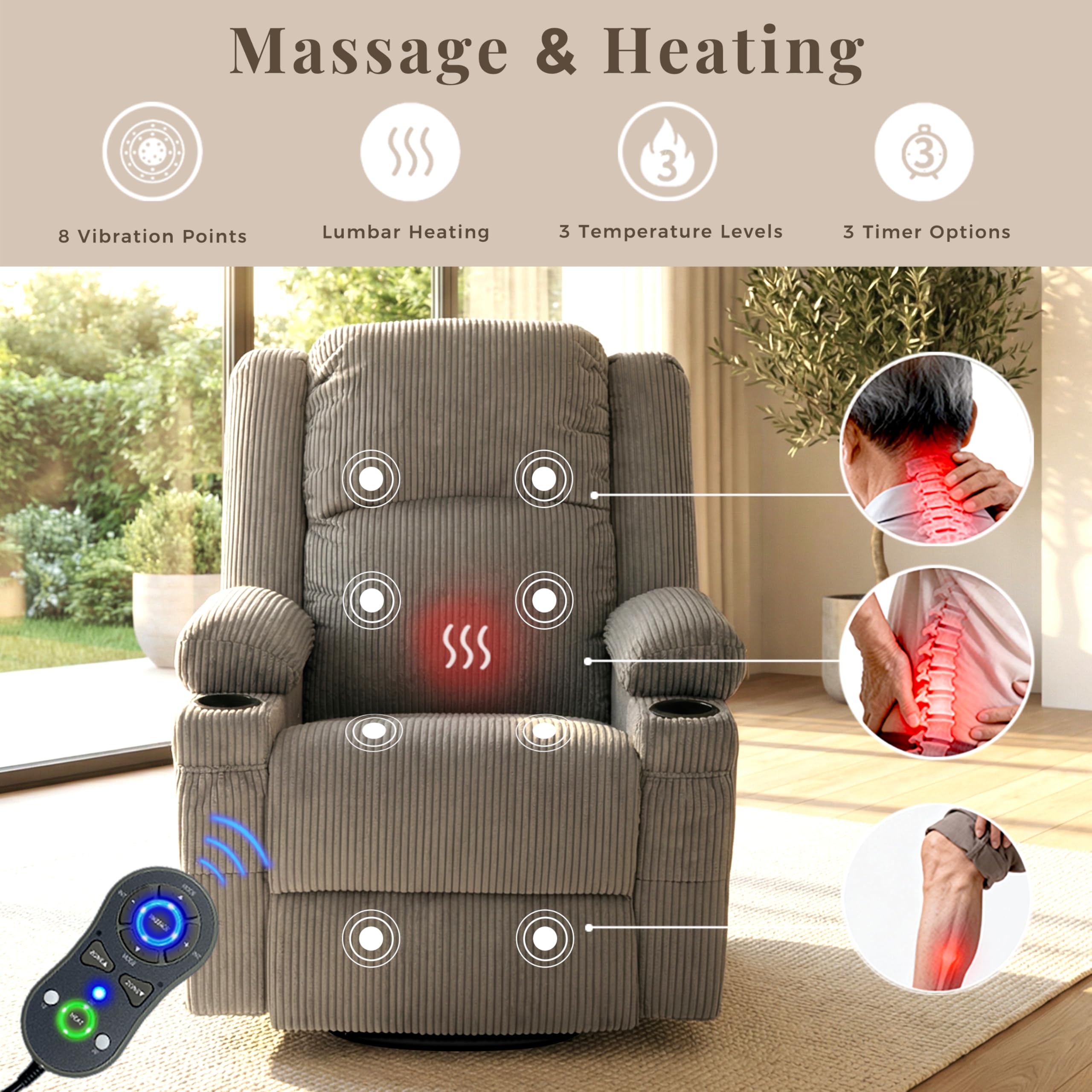 IKAKOS 360 Degree Swivel Rocker Recliner Chair with Heat and Massage, Soft Corduroy Manual Reclining Nursery Glider with USB Port, 2 Cup Holders & 4 Storage Pockets, 400lbs Capacity (Grey)
