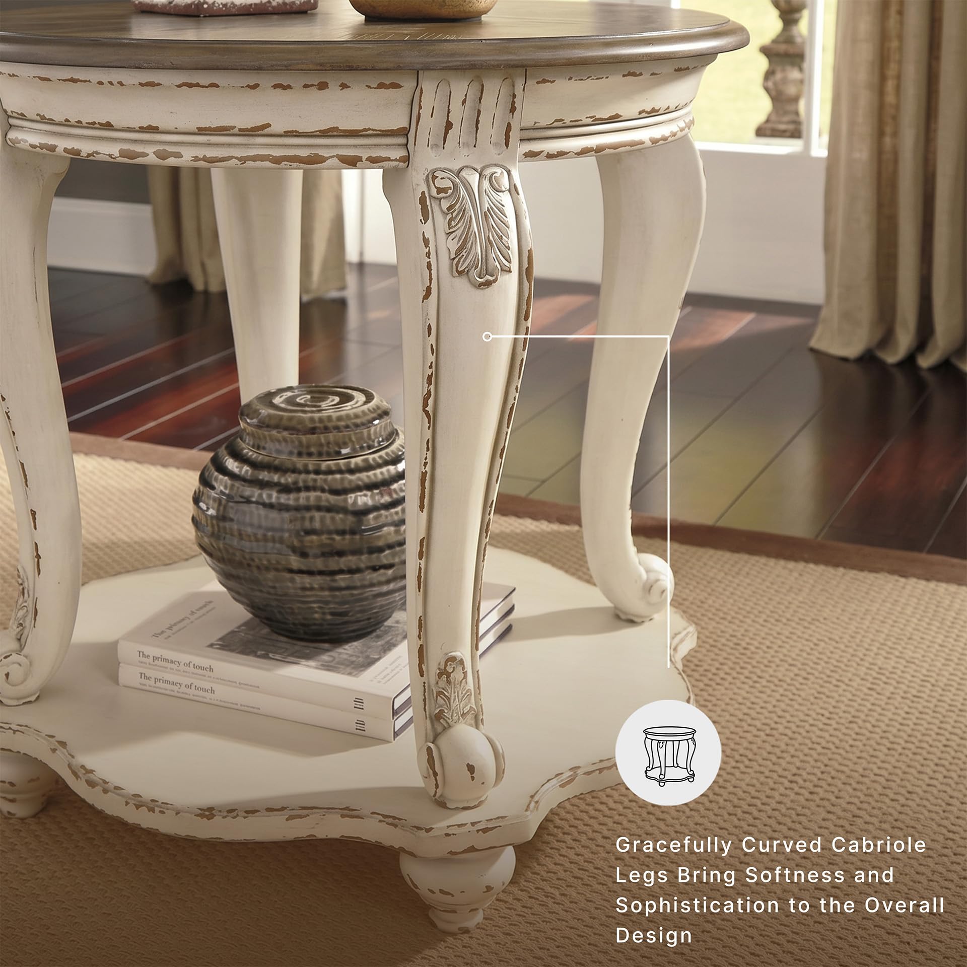 Signature Design by Ashley Realyn Round End Table, Cottage-Style Side Table with Antiqued Two-Tone Finish, Wood & Veneer Construction for Living Room or Bedroom, White/Brown