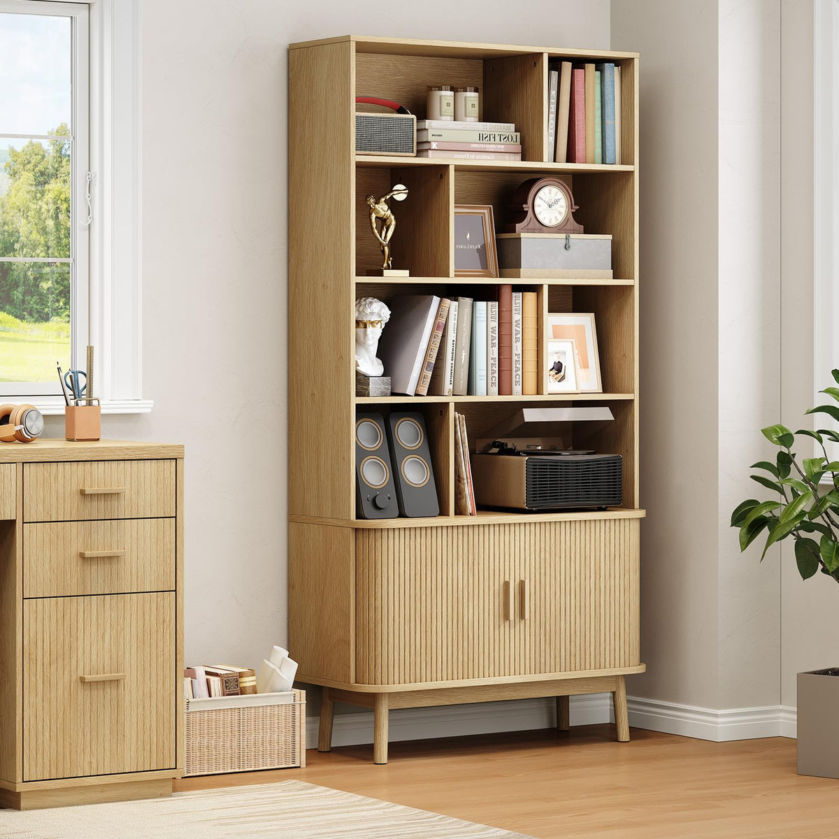 ONBRILL 71" Tall 8-Cube Bookshelf, 35.4" Wide Bookcase with Door, Oak