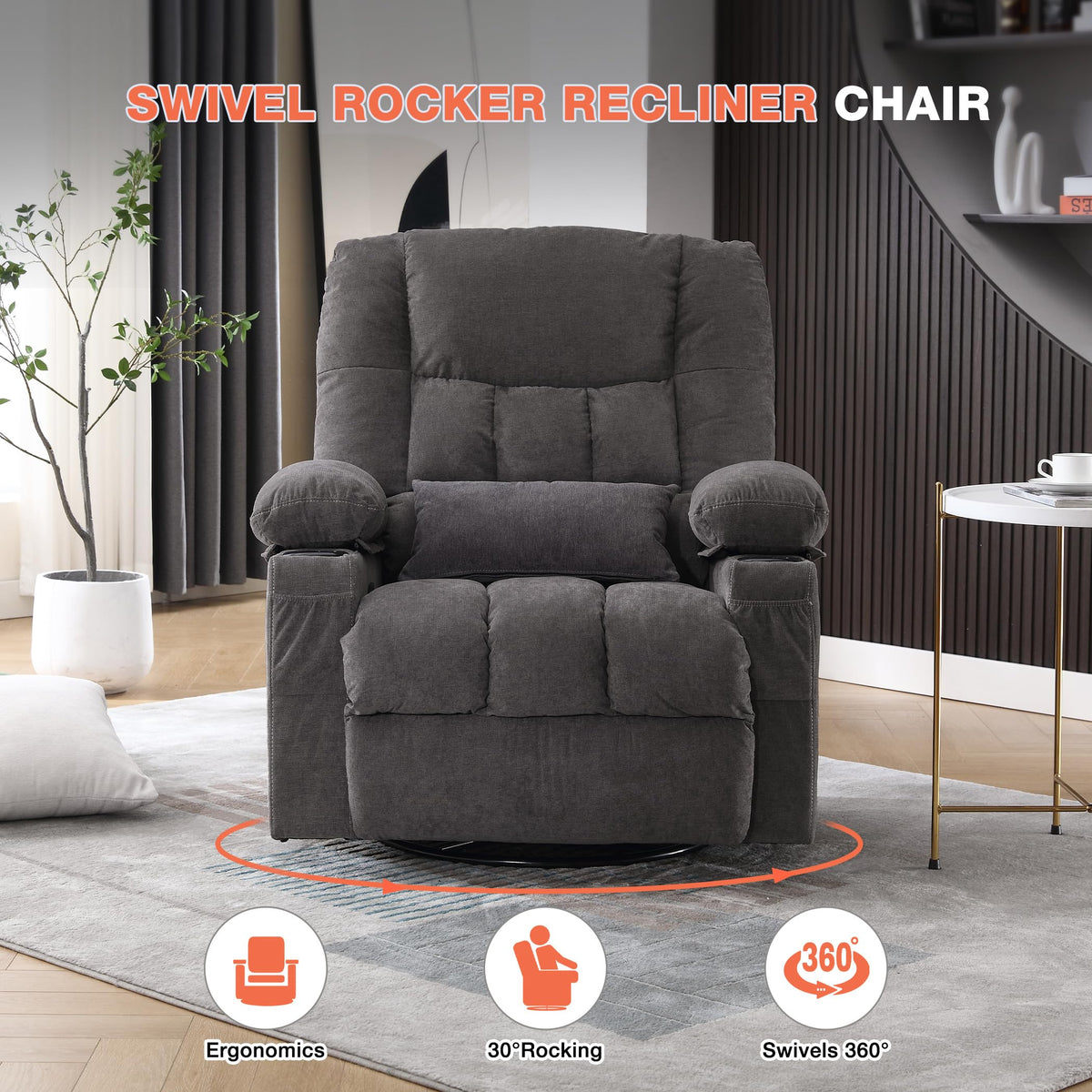 Manual Swivel Rocking Recliner Chair with 8-Zone Massage & Lumbar Heat