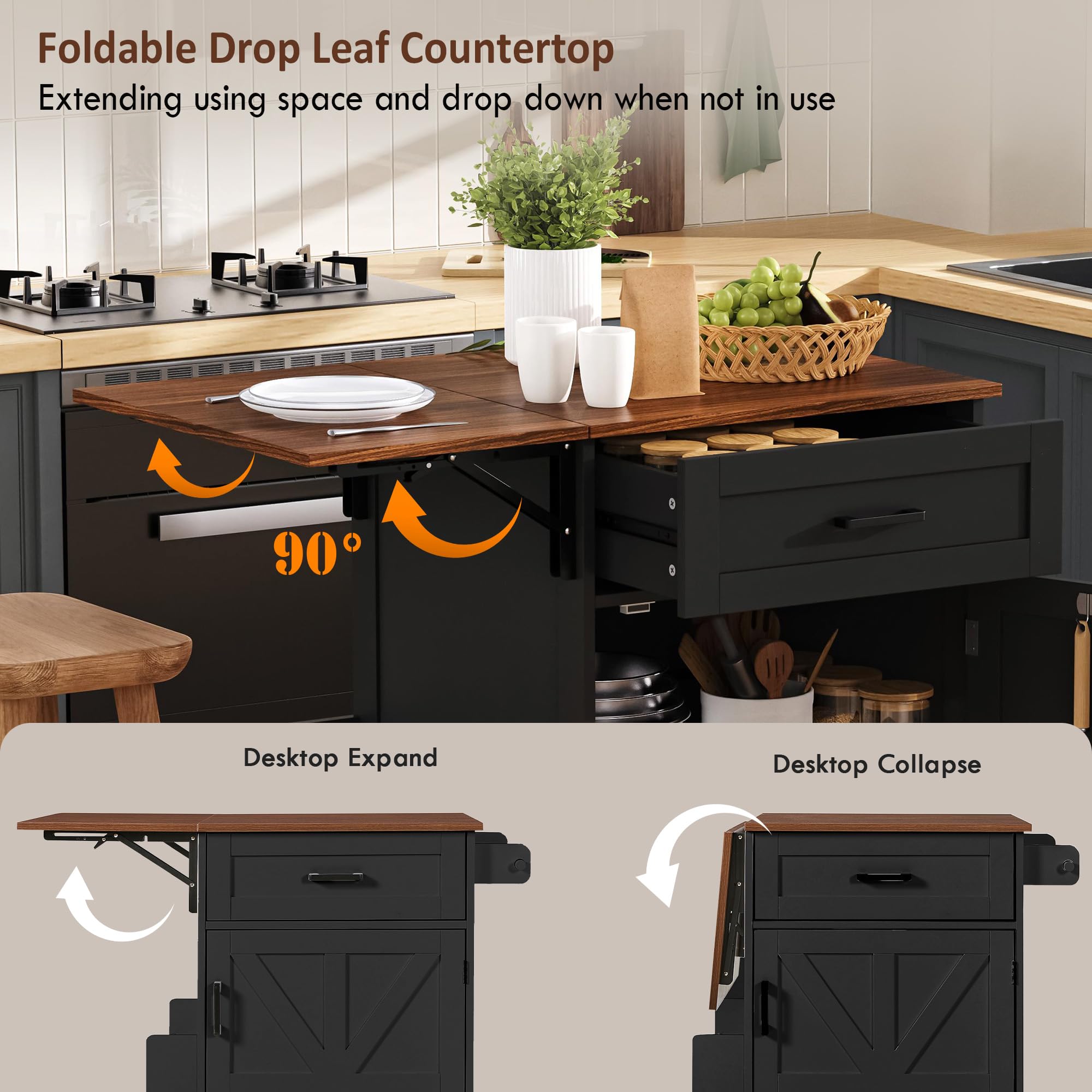 Seeheool K&K 39.3" Farmhouse Kitchen Island with Drop Leaf, Kitchen Storage Island with Open Side Rack, One Drawer, Towel Rack, Rolling Kitchen Cart with Lockable Wheels for Lawn Garden, Black
