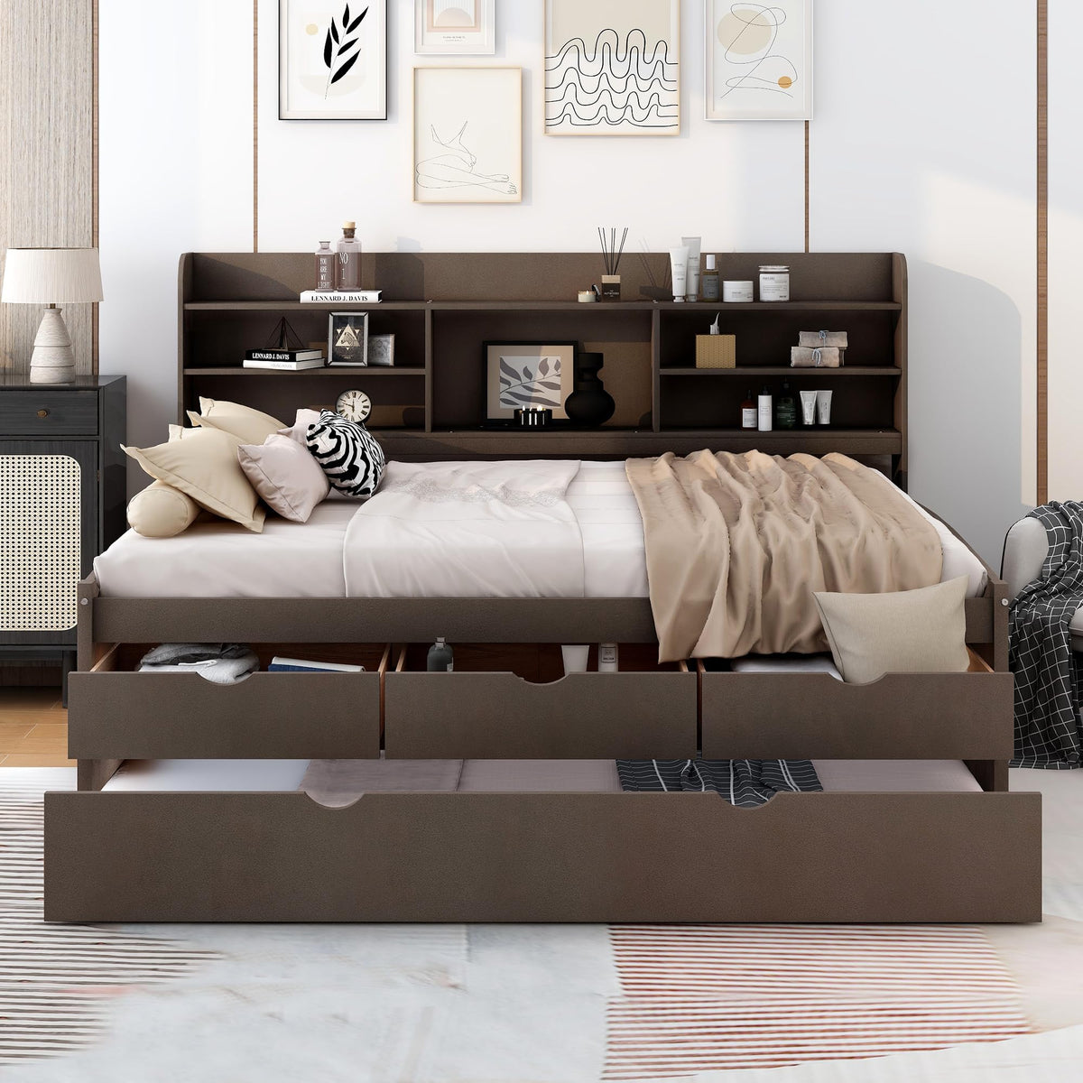 Bellemave Full Size Captain Bed, Full Beds with Trundle and Storage Drawers, Wood Daybed Frame with Bookcase Headboard and Slats Support for Kids Boys Girls Teens, Antique Brown