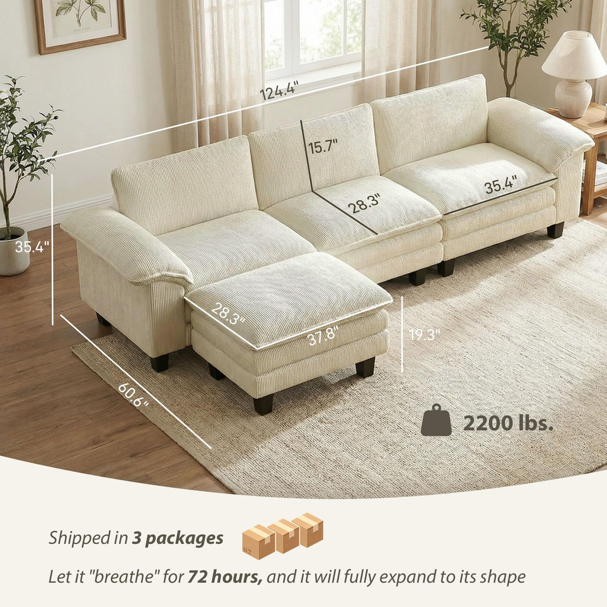 Corduroy Sectional Sofa with Ottoman