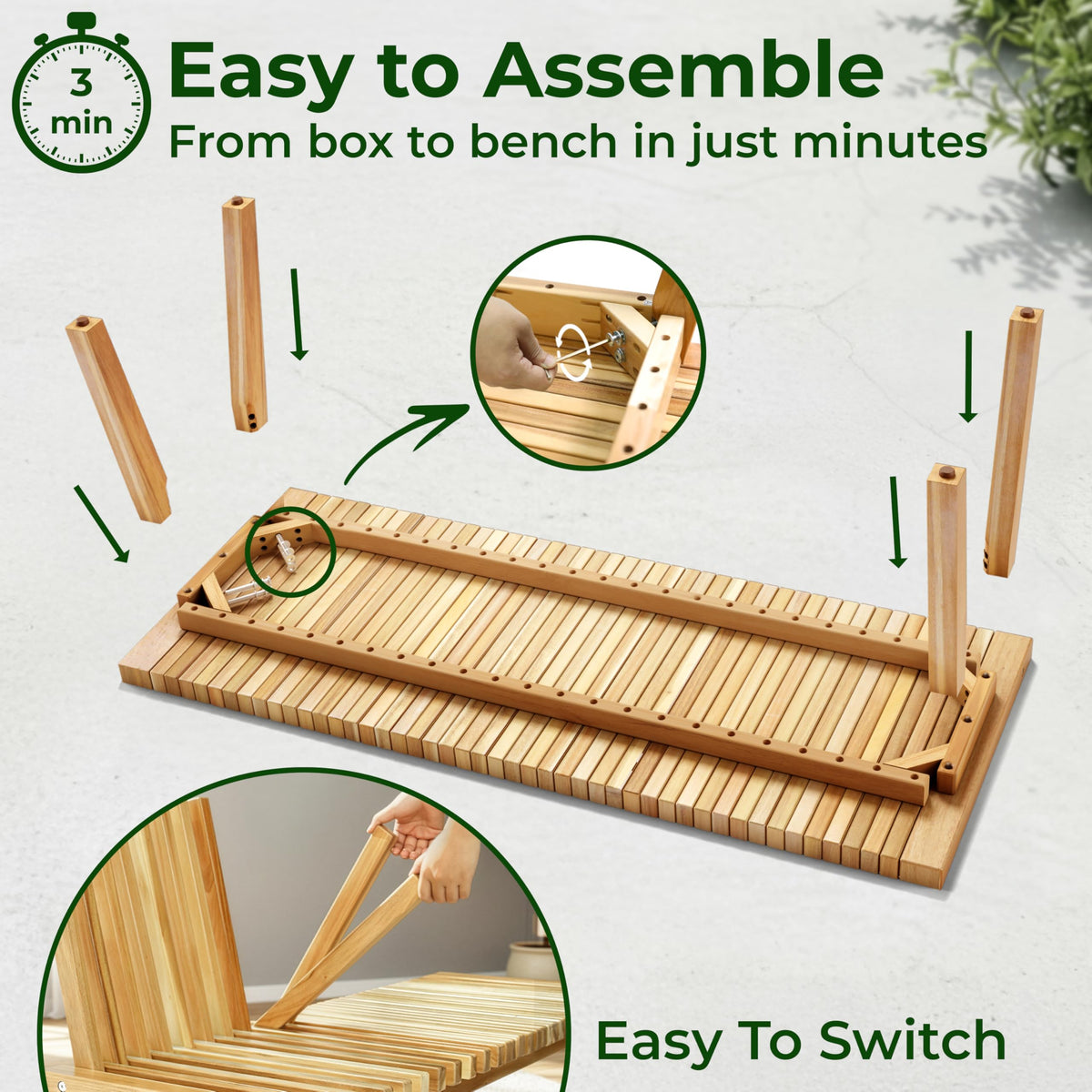 3-in-1 Acacia Wood Bench