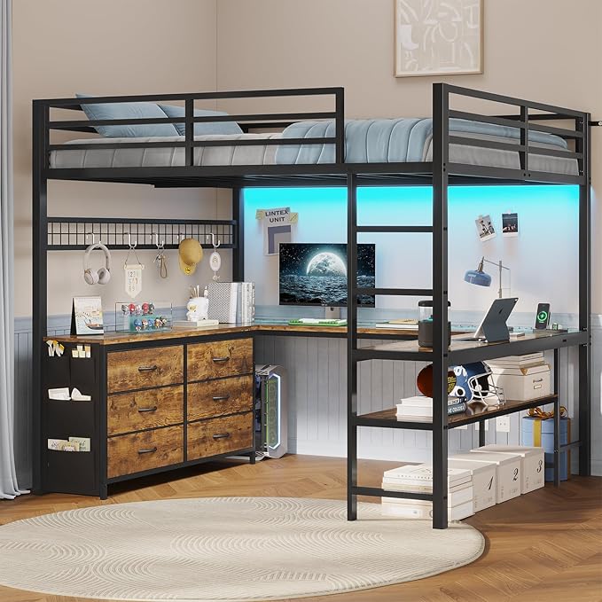 Loft Bed Full Size with U-Shaped Desk