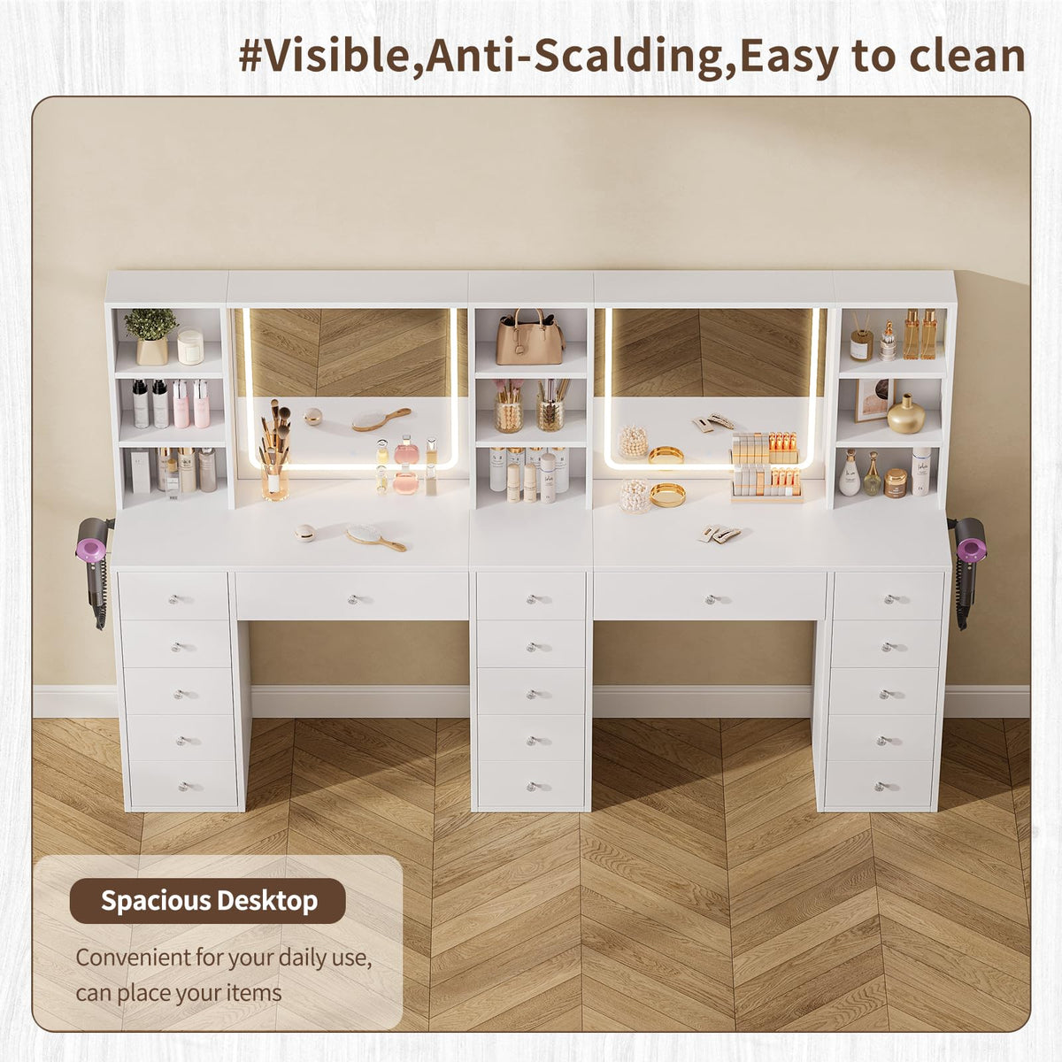 2 Person Vanity Desk with Mirror and Lights, Power Outlet, White