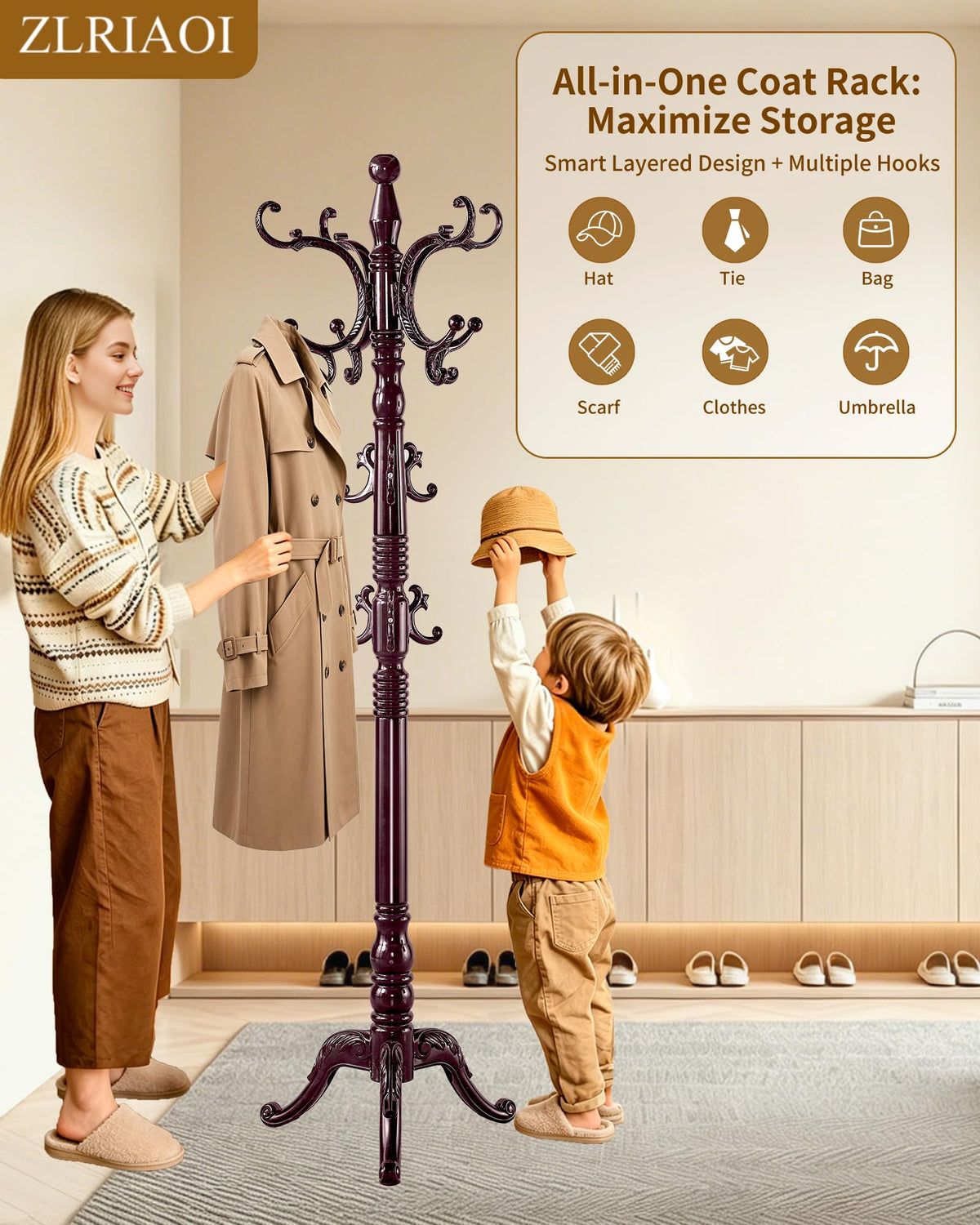 ZLRIAOI Wooden Coat Rack, Vintage Solid Wood Coat Rack Stand with 14 Hooks