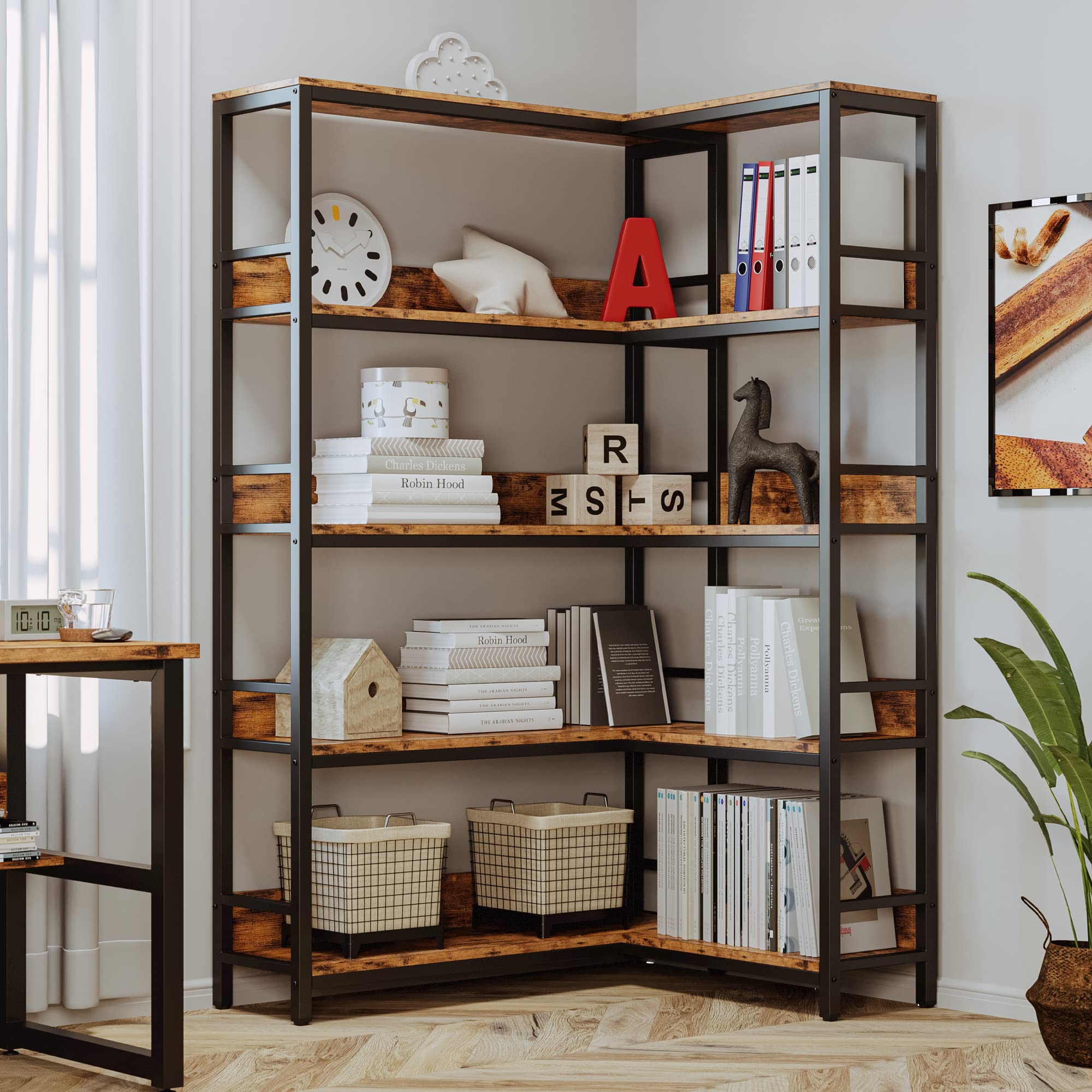 5-Tier L-Shaped Corner Bookshelf with Metal Frame