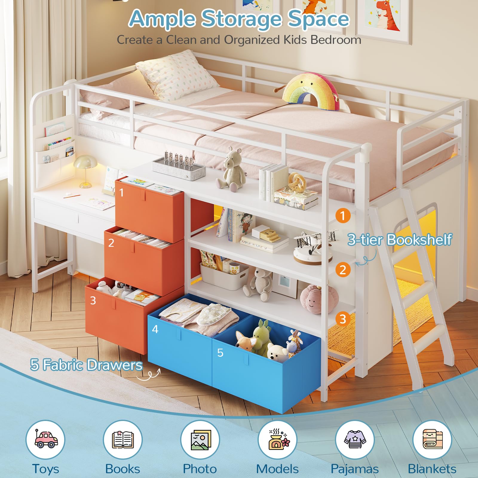 Kids Twin Low Loft Bed with Desk & Storage