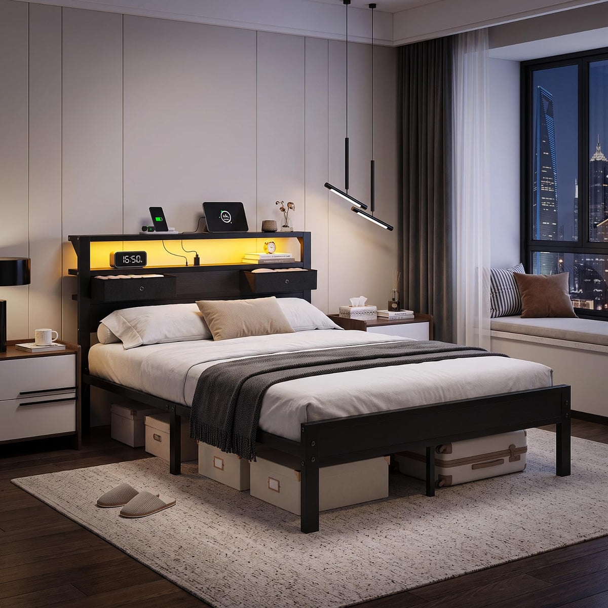 Kbun Full Size Bed Frame with 2 Fabric Drawers and Storage Headboard