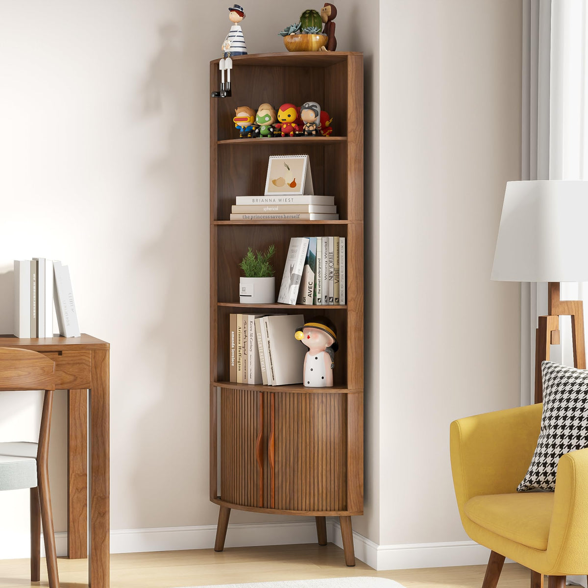 Limaoaio 66'' Tall Corner Bookshelf with 2 Fluted Sliding Doors,Walnut
