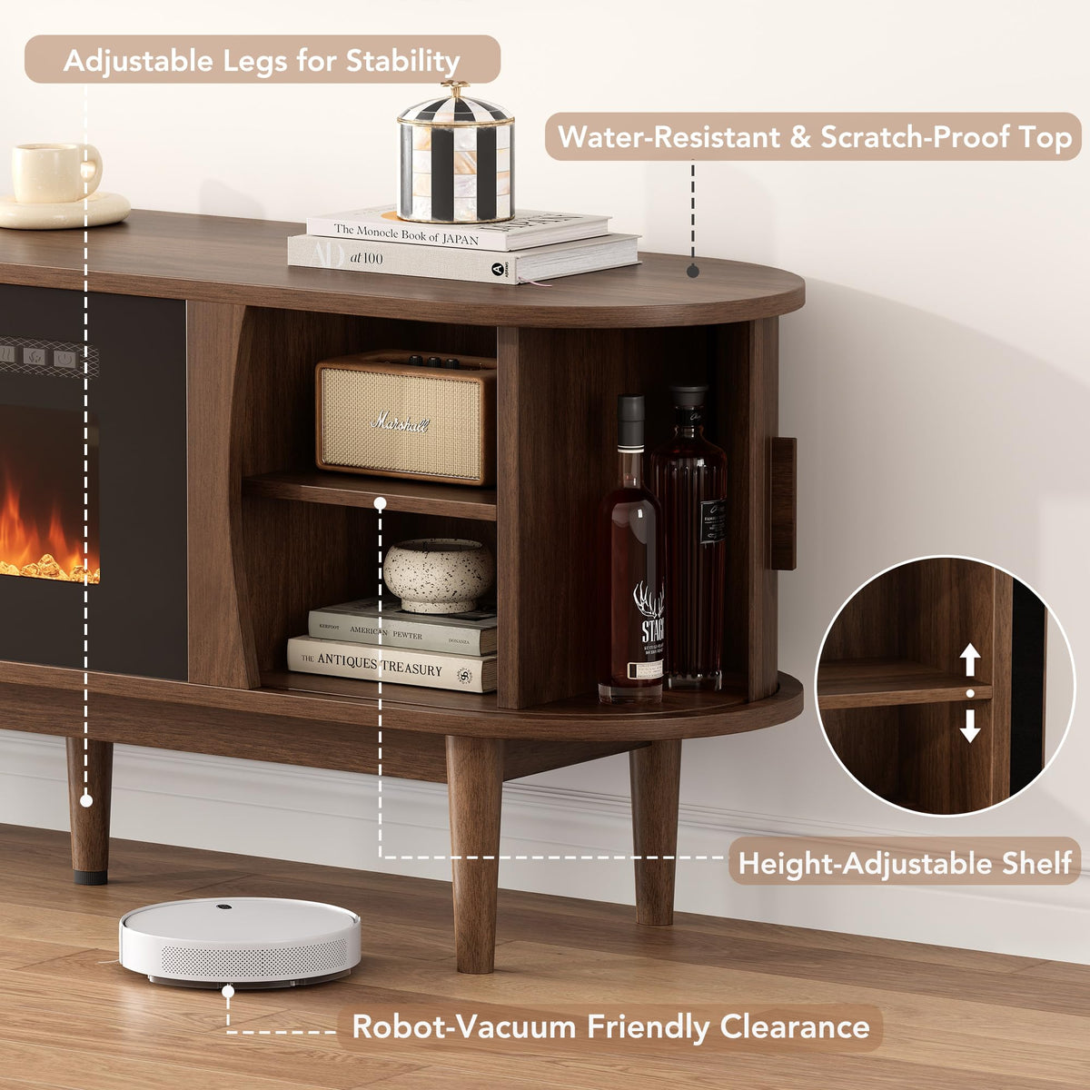 Decofy 70" Fireplace TV Stand for TVs Up to 80" for Living Room, Walnut