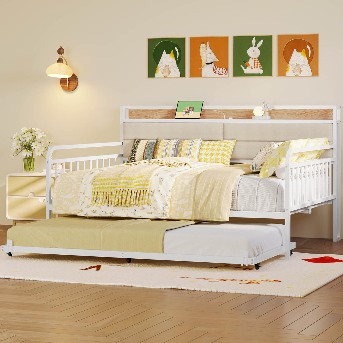 LIKIMIO Daybed with Trundle, Full Size Bed Frame, White