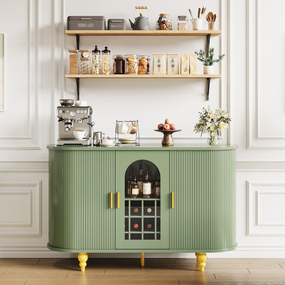 Garvee Modern Coffee Bar Cabinet with Wine Glass Rack,Green